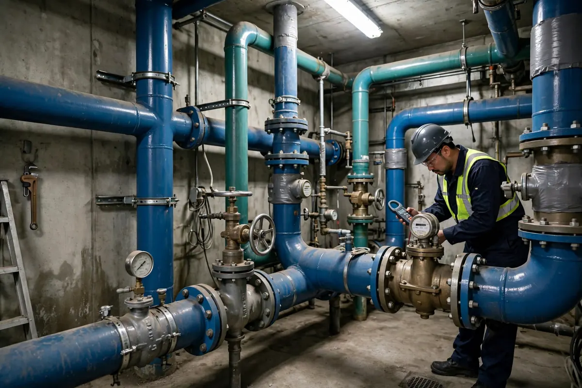 Commercial building utility room with large water pipes in Youngstown, Ohio