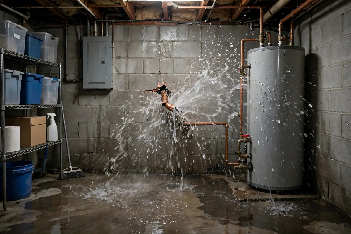 Burst water pipe spraying water in a home utility area in Youngstown, Ohio