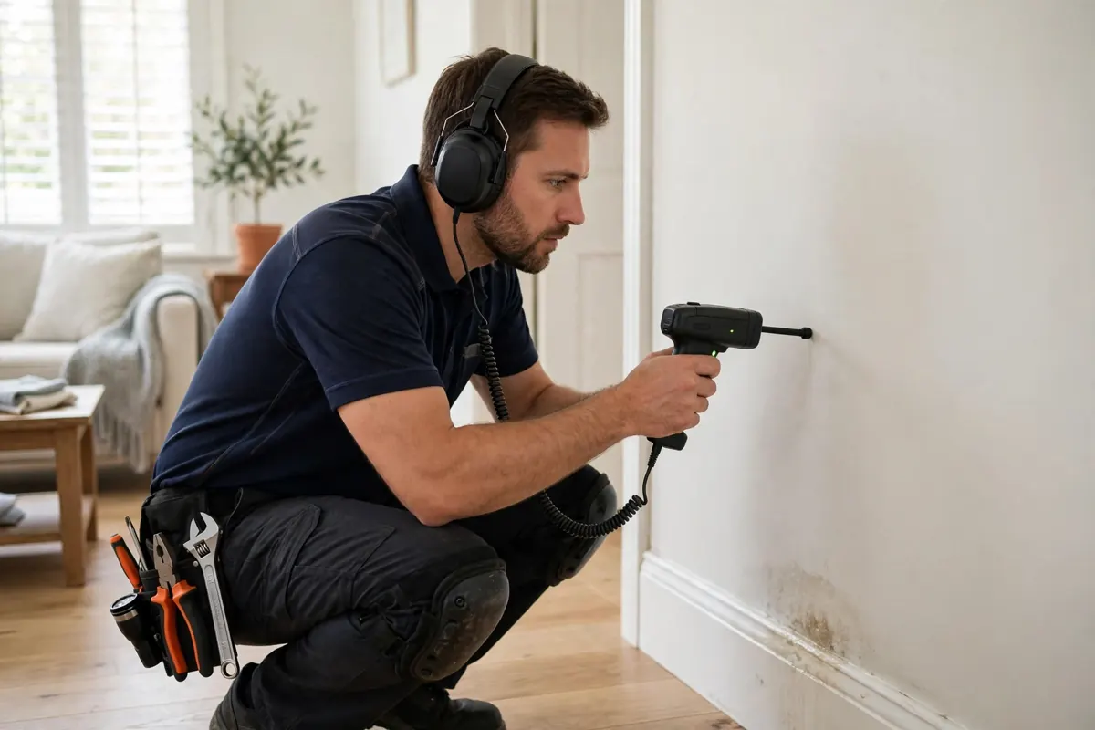 Technician using acoustic listening equipment to find a hidden water leak in a Youngstown home