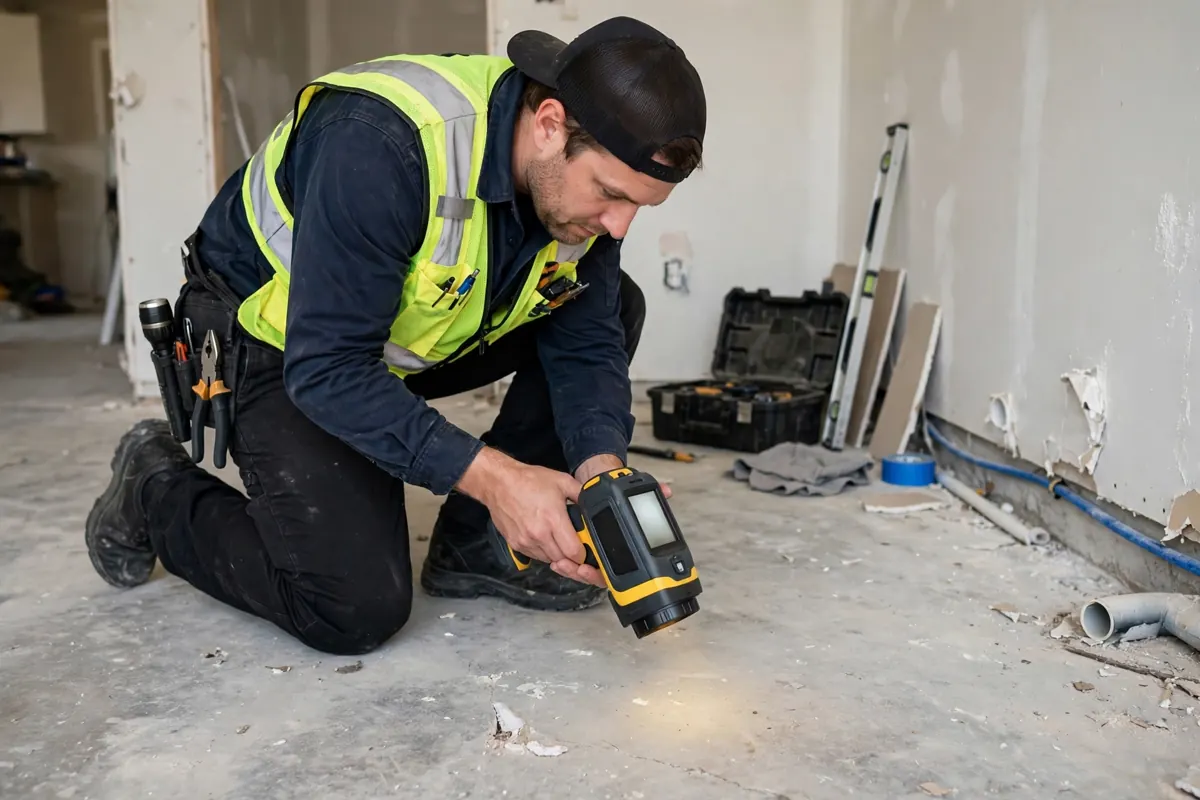 Technician using a thermal imaging camera to check a concrete slab floor for a leak in Youngstown, Ohio