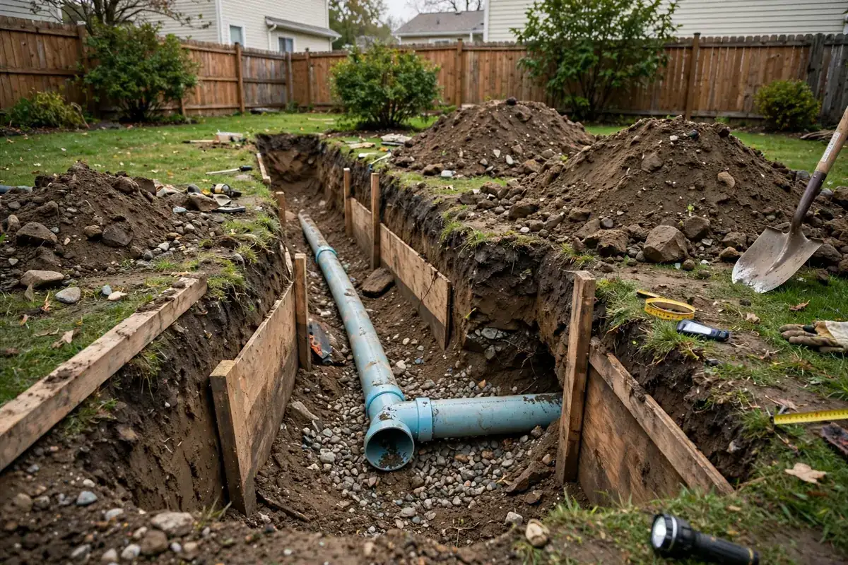 Underground water pipe in an open trench in a residential yard in Youngstown, Ohio