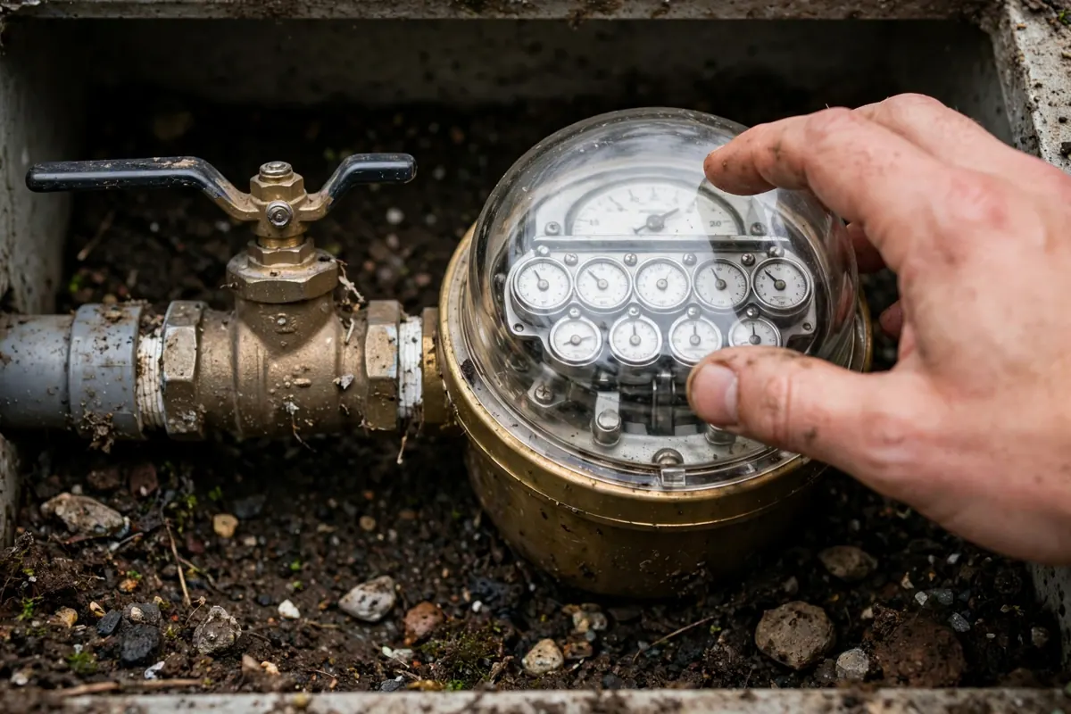 Close-up of a residential water meter and shut-off valve in Youngstown, Ohio